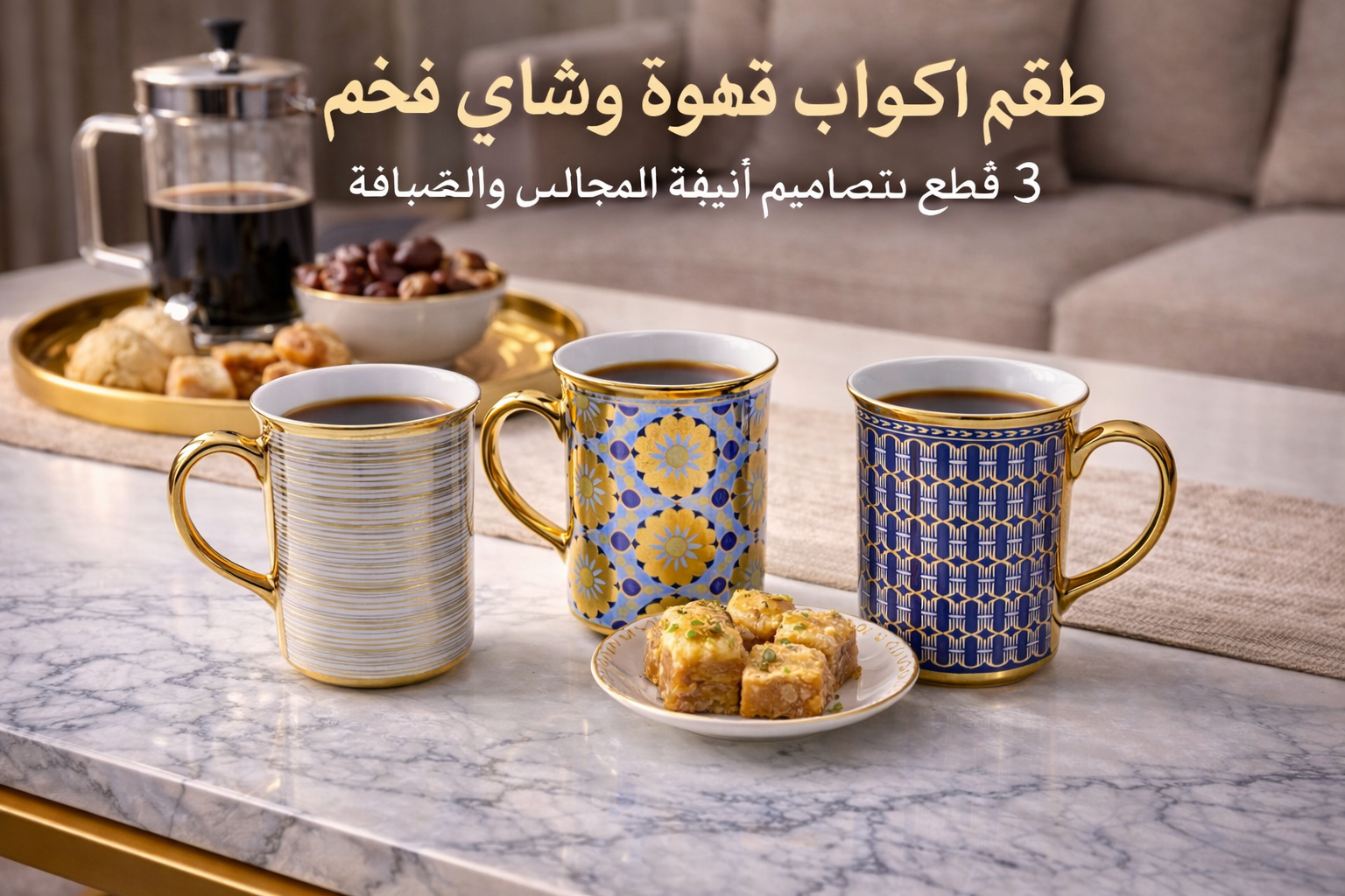 طقم أكواب قهوة وشاي فخم – 3 قطع بتصاميم أنيقة للمجالس والضيافة