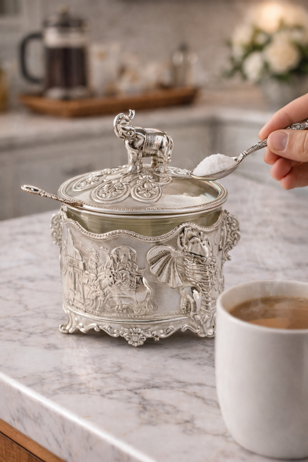 علبة سكر فاخرة بتصميم انيق وهيكل مزخرف بنقوش