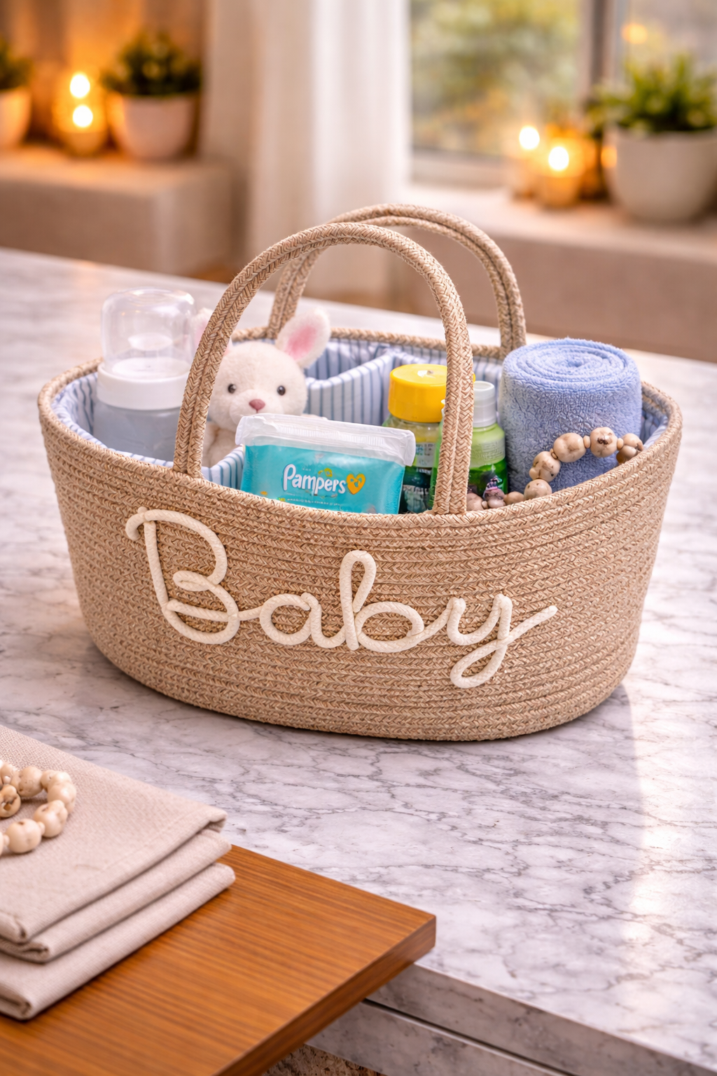سلة تنظيم أغراض البيبي البيج الأنيقة بحبال قطنية