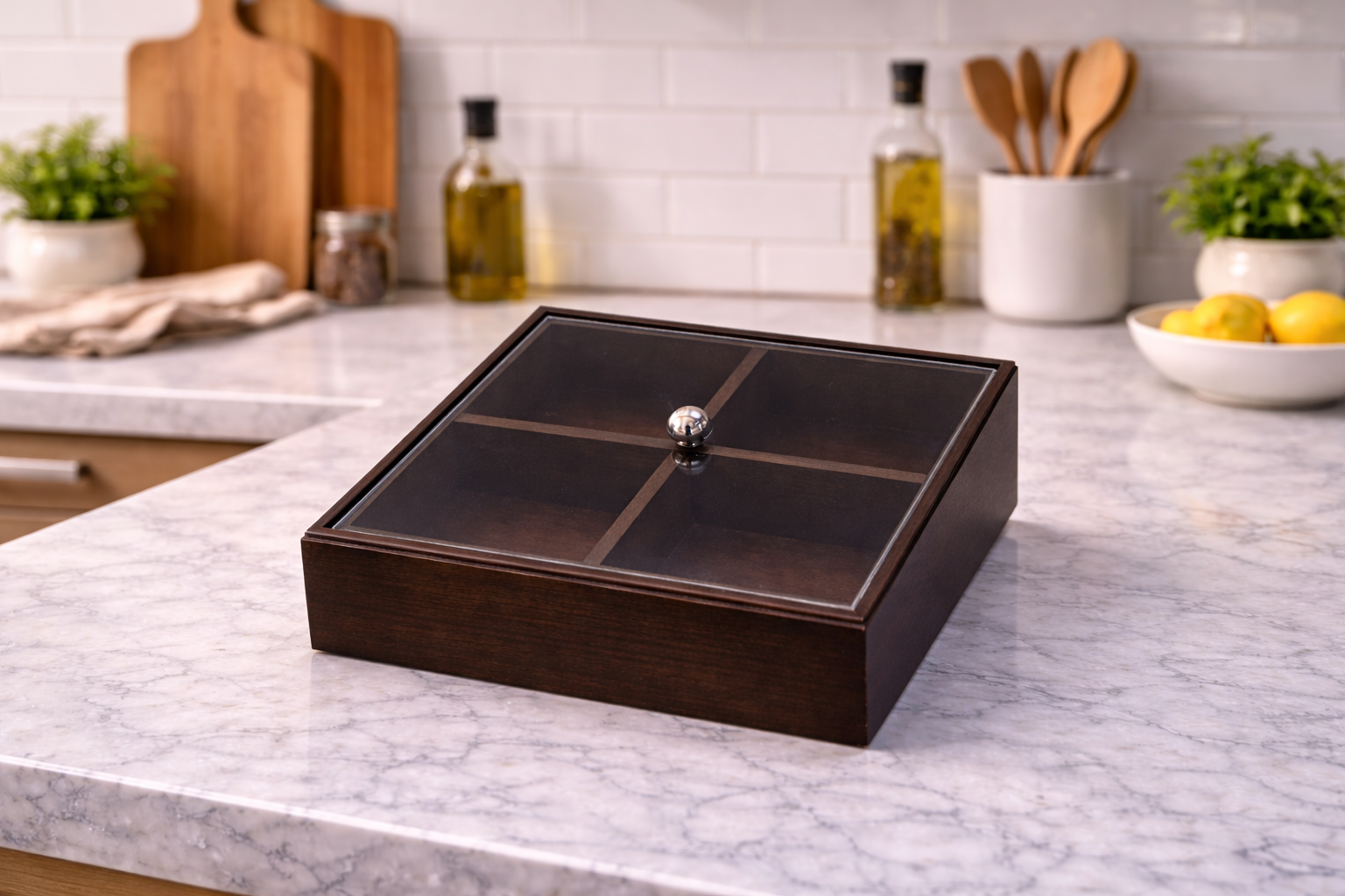 علبة تنظيم خشبية فخمة بغطاء زجاج – أناقة وترتيب للمطبخ