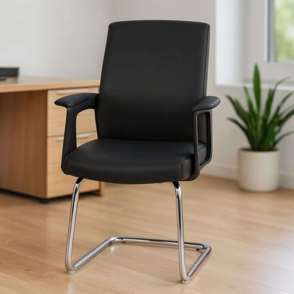 Visitor Leather Office Chair — Fixed Chrome Sled Base, Black or Beige -  Ebdaa Home Modern Home and Office Furniture Fast Delivery and Reliable, image size:1000x1000