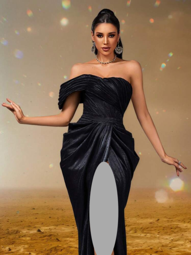 Smilprince فستان أناقة مسائي أسود بدون أكتاف مع كس...
