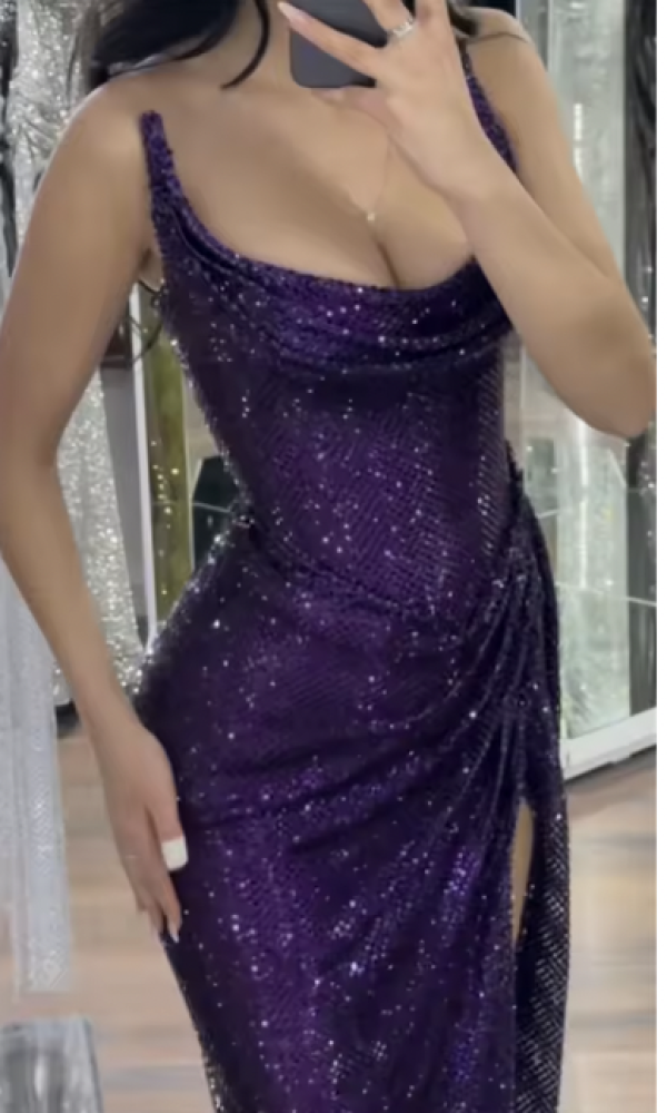 الأرجواني حمالة الجانب عالية سبليت فساتين لحضور الحفلات الموسيقية بريق غمد vestidos de noiva ثنيات بلا أكمام مساء رسمي