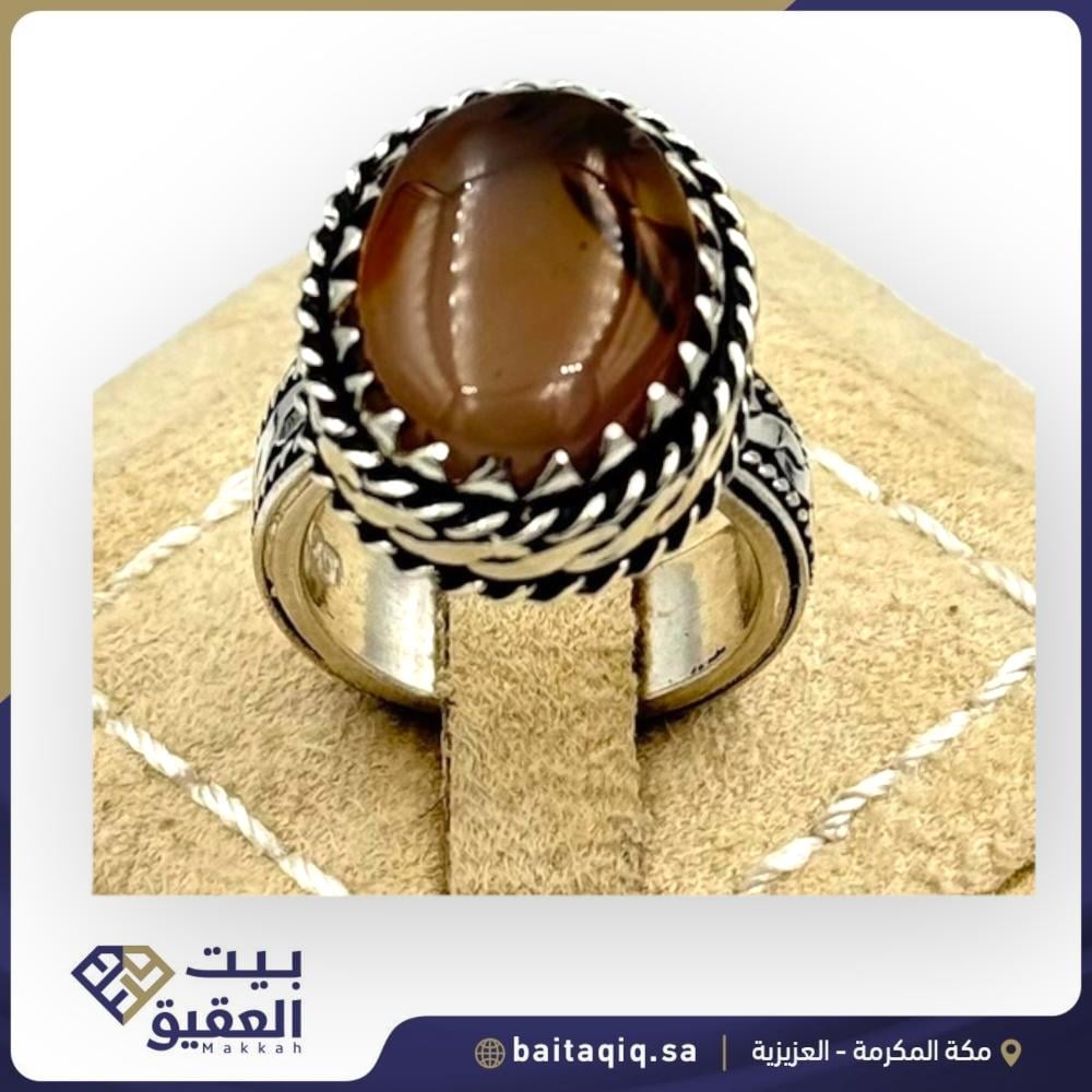 خاتم تفصيل حسب الطلب صياغة نجراني سلك ضفيرة فضة -عقيق يمني كبدي (يمكنك إختيار المقاس و إختيار حجر اخر )