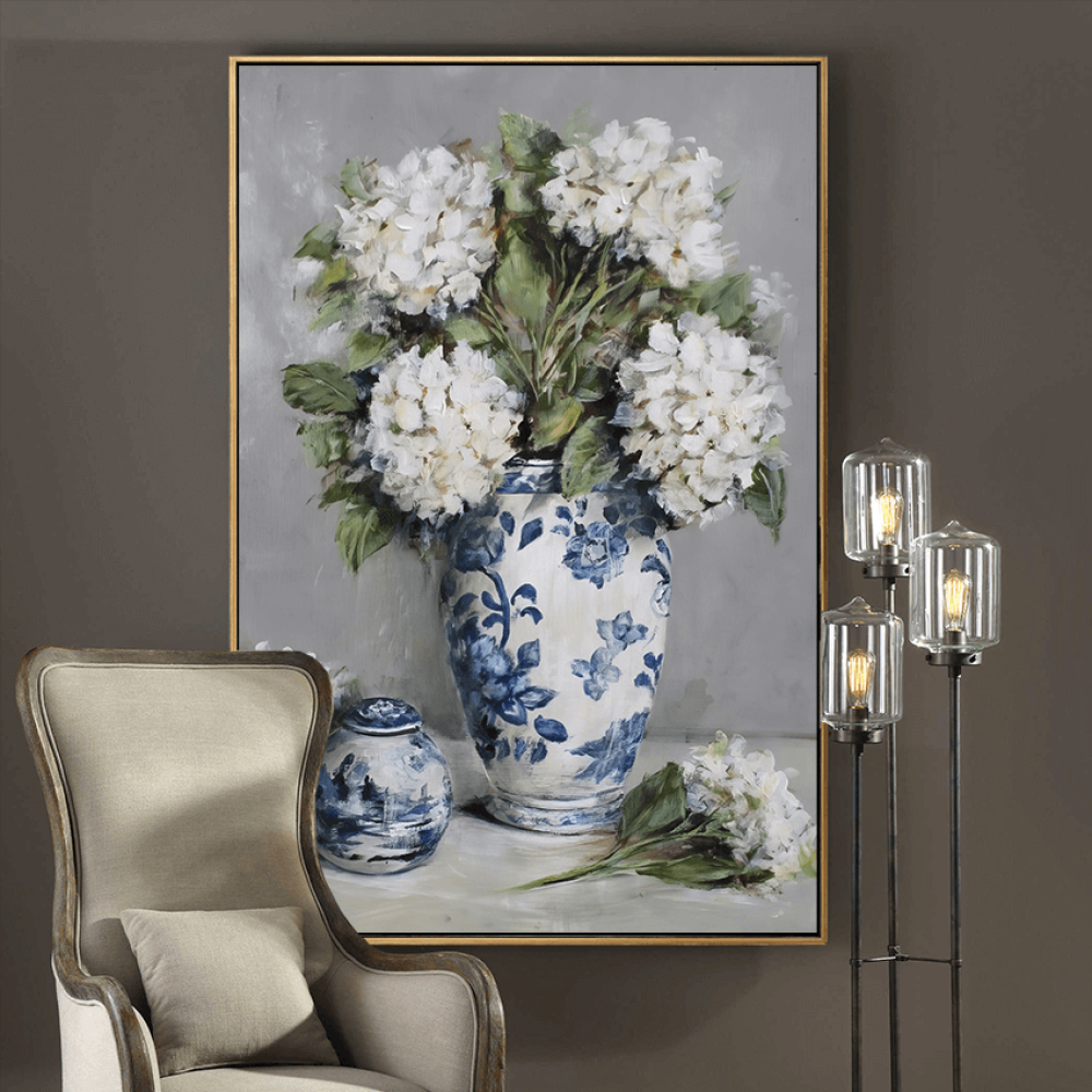 لوحة ثلاثية الأبعاد كانفس زهور بيضاء داخل مزهرية خزفية زرقاء ⚱️