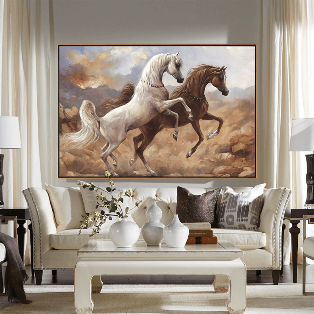 لوحة كانفس ثلاثية الأبعاد خيول بيضاء وبنية في صحراء