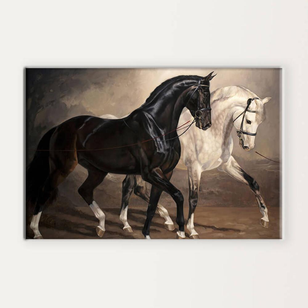 لوحة كانفس ثلاثية الأبعاد خيل أسود وأبيض بتناغم مهيب
