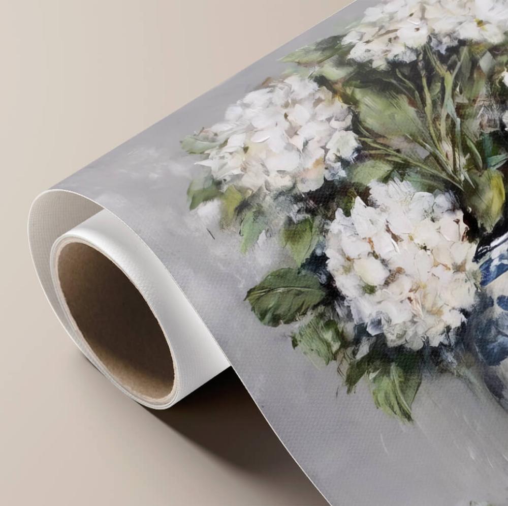 لوحة ثلاثية الأبعاد كانفس زهور بيضاء داخل مزهرية خزفية زرقاء ⚱️