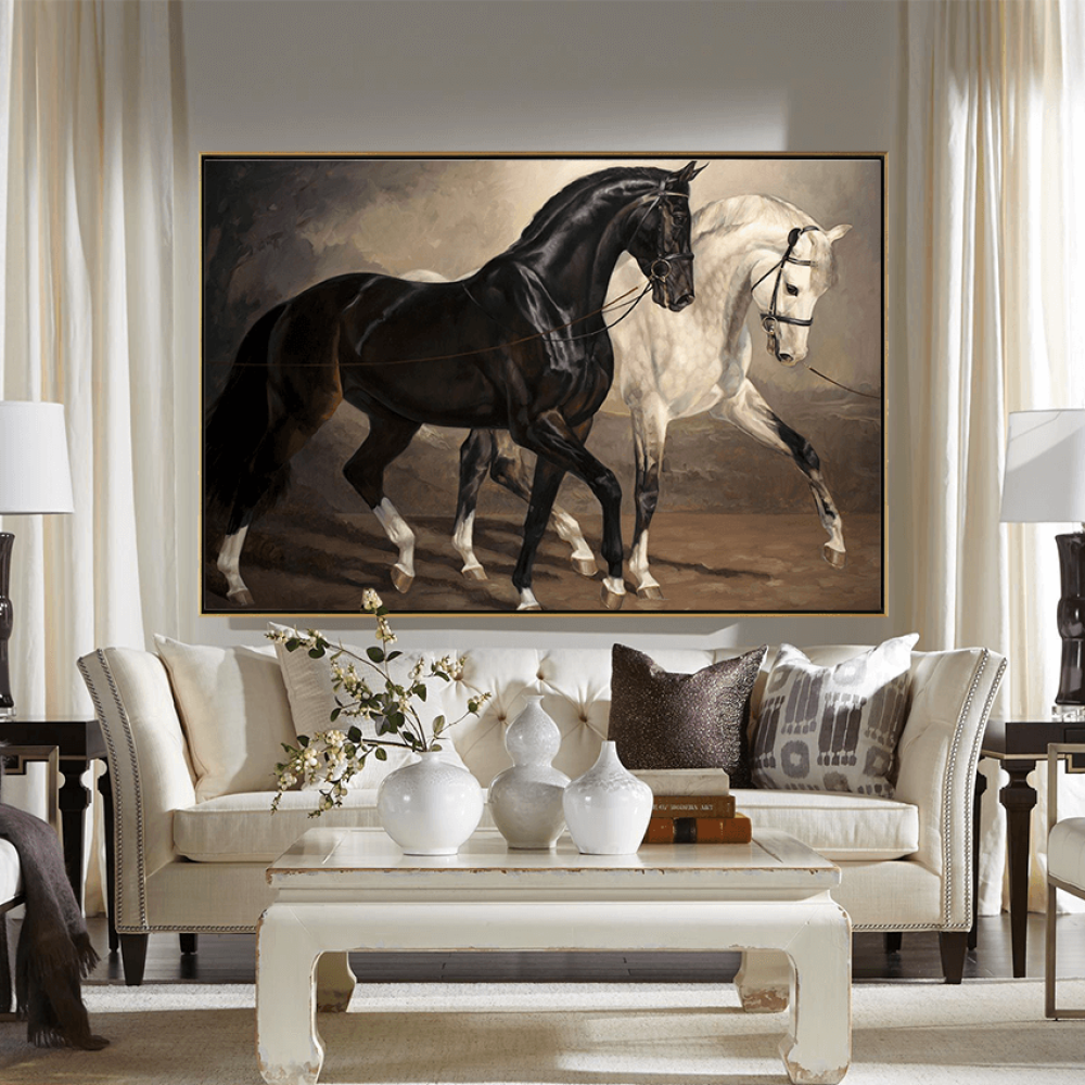 لوحة كانفس ثلاثية الأبعاد خيل أسود وأبيض بتناغم مهيب