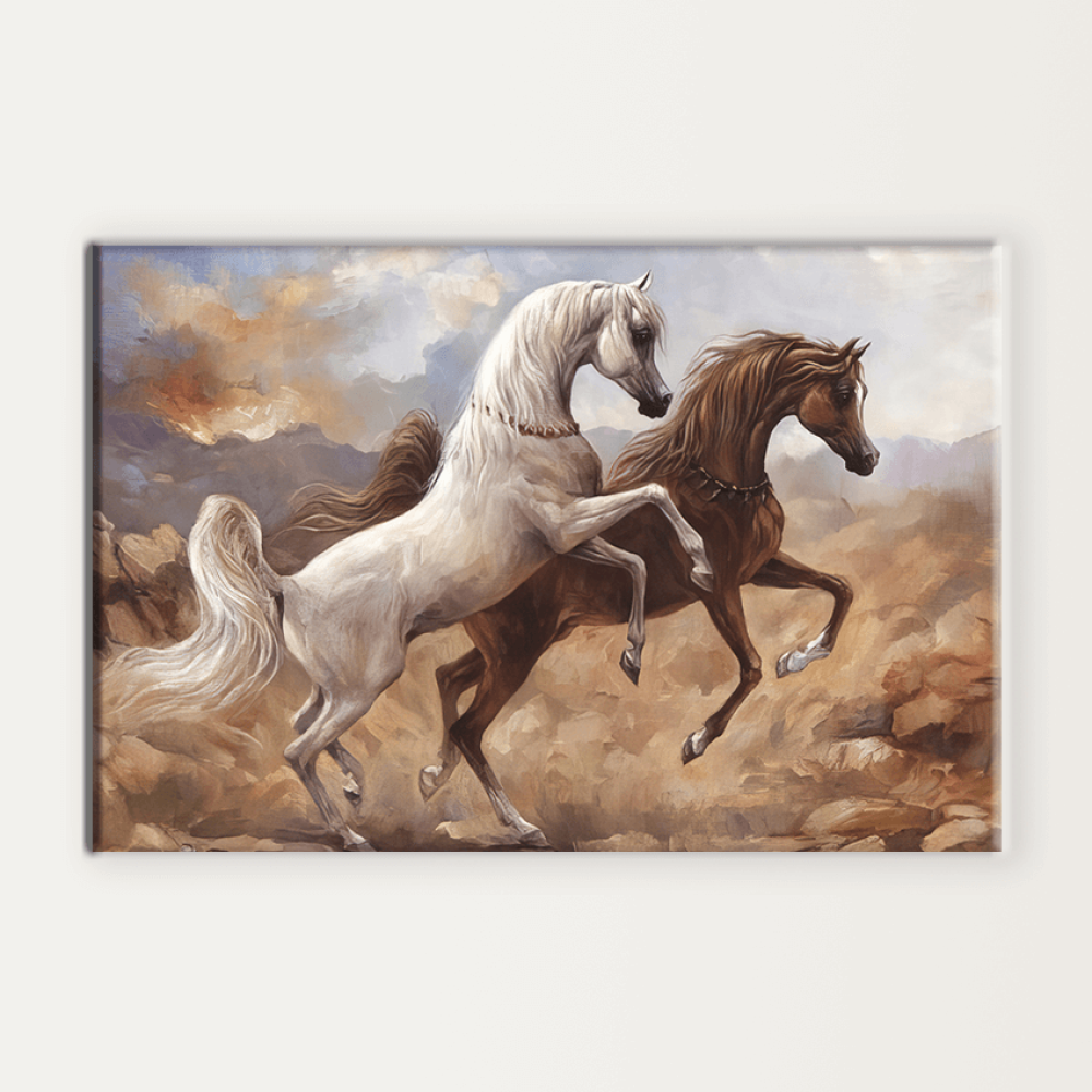 لوحة كانفس ثلاثية الأبعاد خيول بيضاء وبنية في صحراء