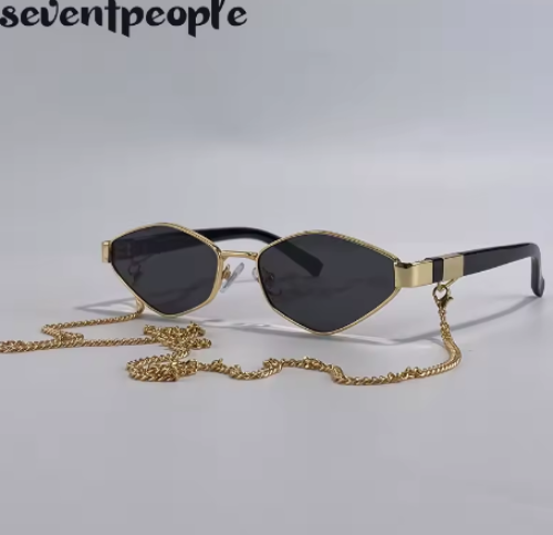 نظارات شمسية نسائية بإطار صغير سداسي الشكل مع سلسلة،