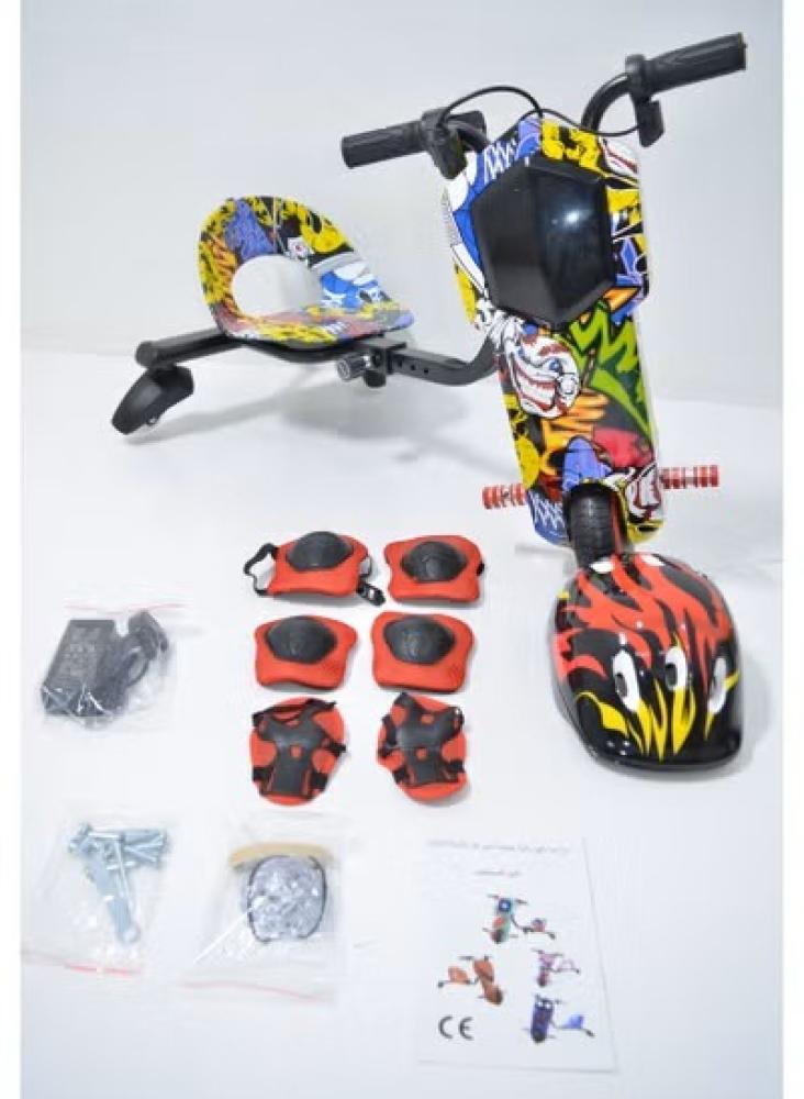 اسكوتر درفت كهربائي 36 فولت للأطفال، تصميم جذاب وآمن مع خوذة وأطقم حماية مرفقة يتميز برسومات .
