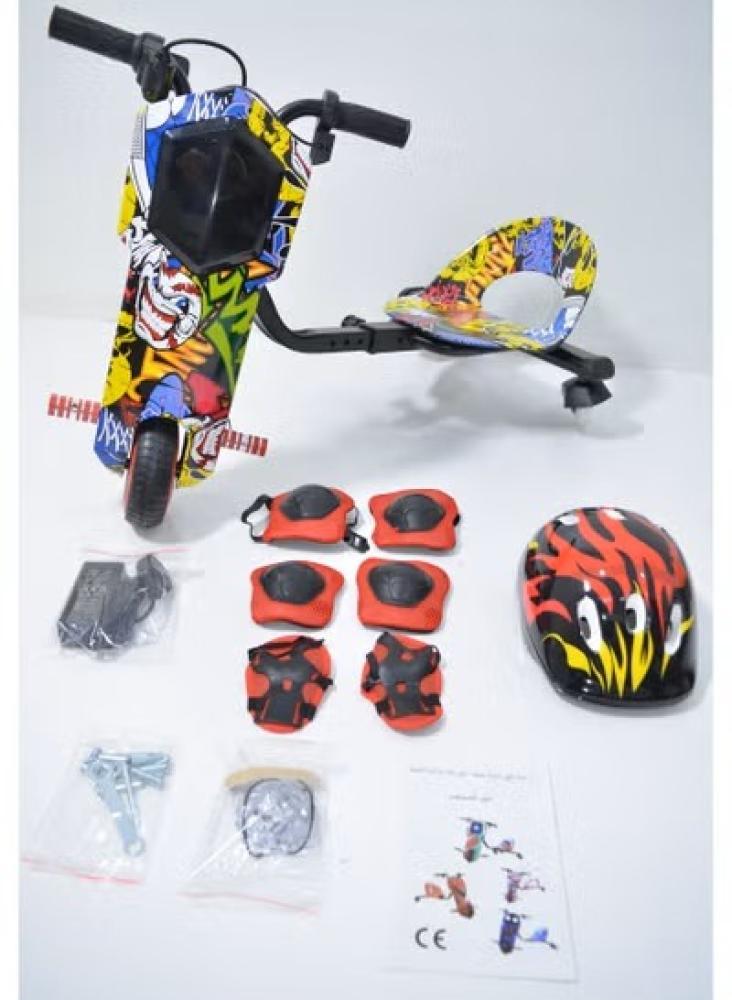 اسكوتر درفت كهربائي 36 فولت للأطفال، تصميم جذاب وآمن مع خوذة وأطقم حماية مرفقة يتميز برسومات .