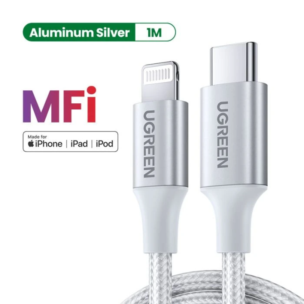يوجرين - سلك شاحن نايلون مظفر USB-C إلى آيفون بطول 2 م - فضي