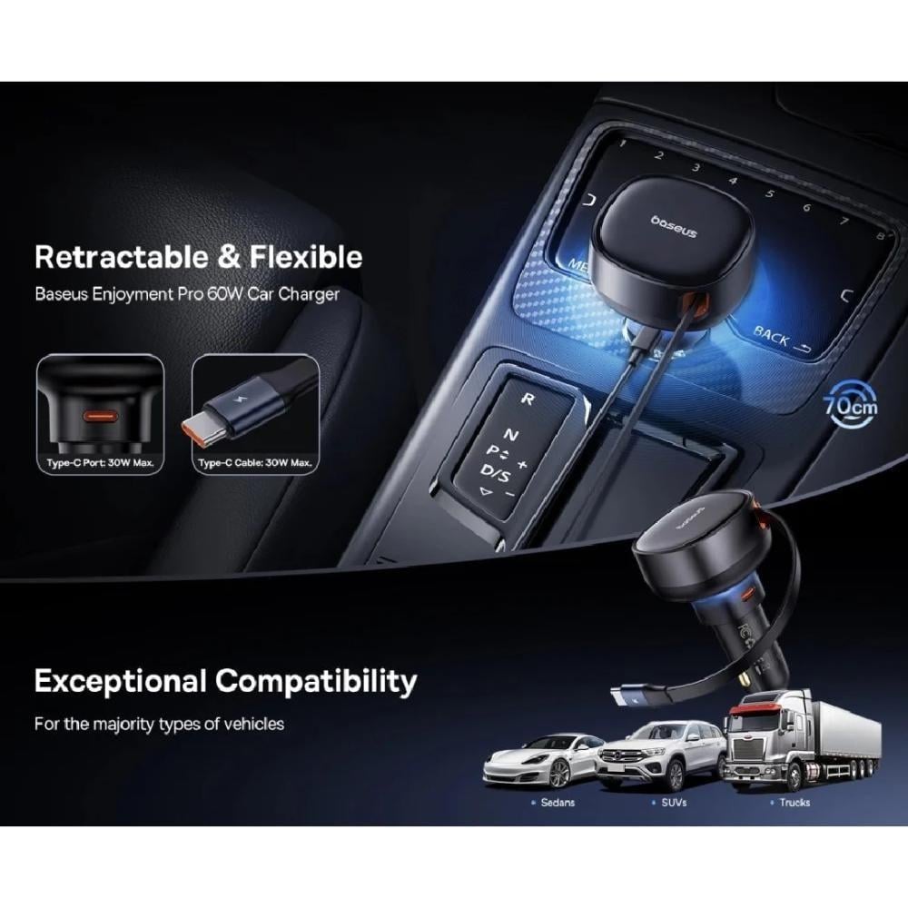 بيسوس | شاحن سيارة Enjoyment Pro قابل للسحب مع كيبل تايب سي بقوة 60 واط - اسود