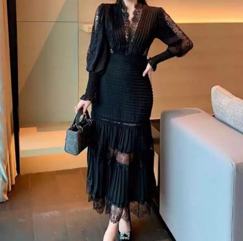 V-neck black and white dress