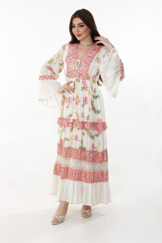 Embroidered Floral Crinkle Cotton Jalabiya SIZE:(S)