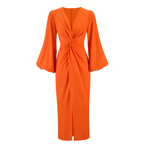 Orange Ribbed Woven Crepe Twist-Front Midi Dress SIZE:(S)