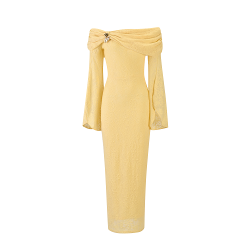 Pastel Yellow Off-Shoulder Stretch Jacquard Dress SIZE:(XS)
