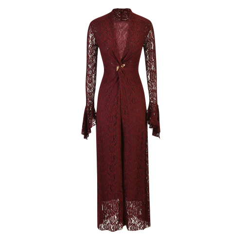 Burgundy lace jumpsuit with flared sleeves and a V-neck SIZE:(M)