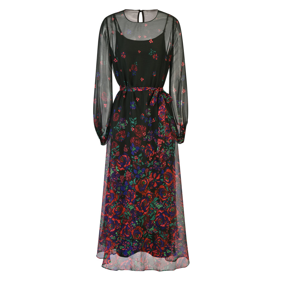 white christmas dresses Black Floral Chiffon Long Sleeve Pleated Maternity Plus Midi Dress –  PinkBlush main image 1