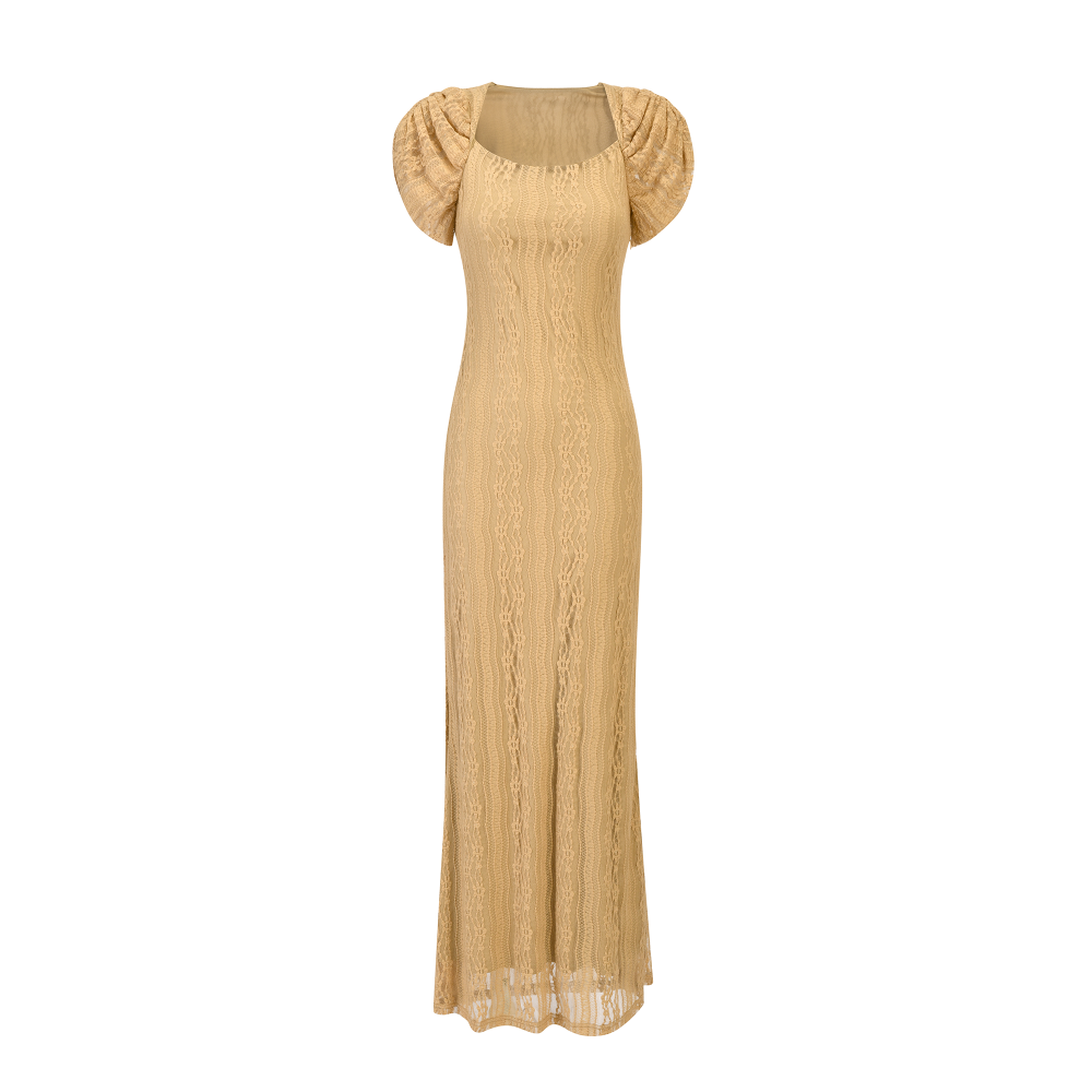 Nude Lace Maxi Dress with Puff Sleeves & Square Neckline SIZE:(M)