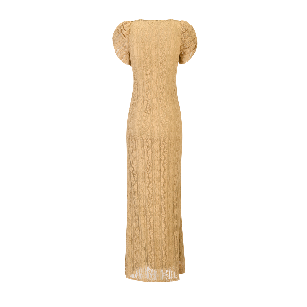 Nude Lace Maxi Dress with Puff Sleeves & Square Neckline
