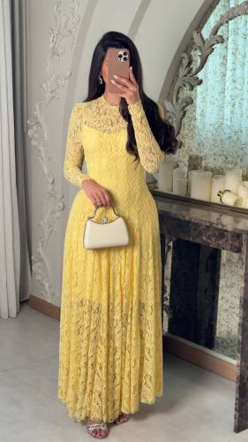 chinese dress ladies Satin Lace-Panel Maxi Dress Yellow / XL main image 1