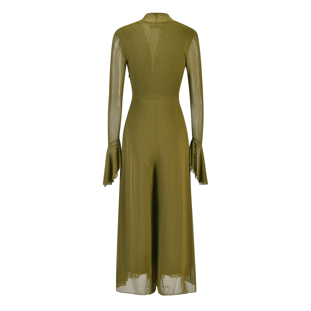 Olive Stretch Soft Tulle Jumpsuit with Gold Waist Accessory SIZE:(M)