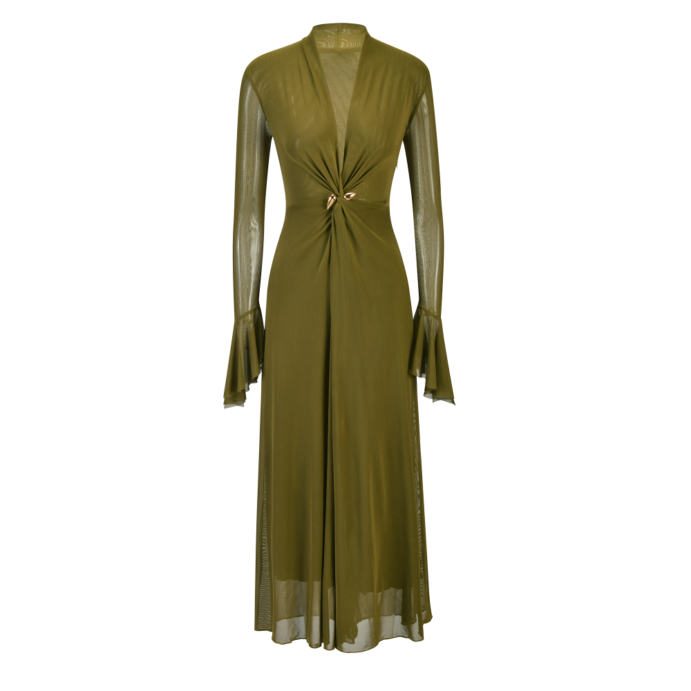 Olive Stretch Soft Tulle Jumpsuit with Gold Waist Accessory SIZE:(M)