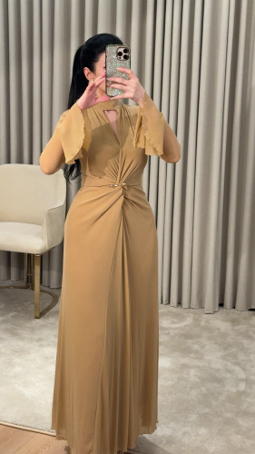 Camel Gold Maxi Dress – Draped Waist with Metal SIZE:(XXL)