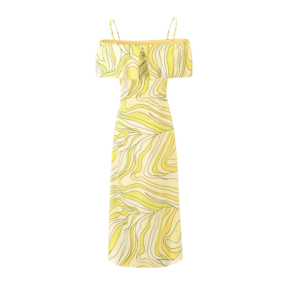 Silky Satin Off-Shoulder Midi Dress – Lime/Yellow SIZE:(L)