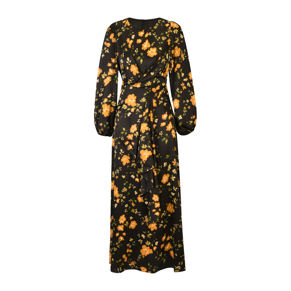 Black Satin Floral Maxi Dress SIZE:(L)