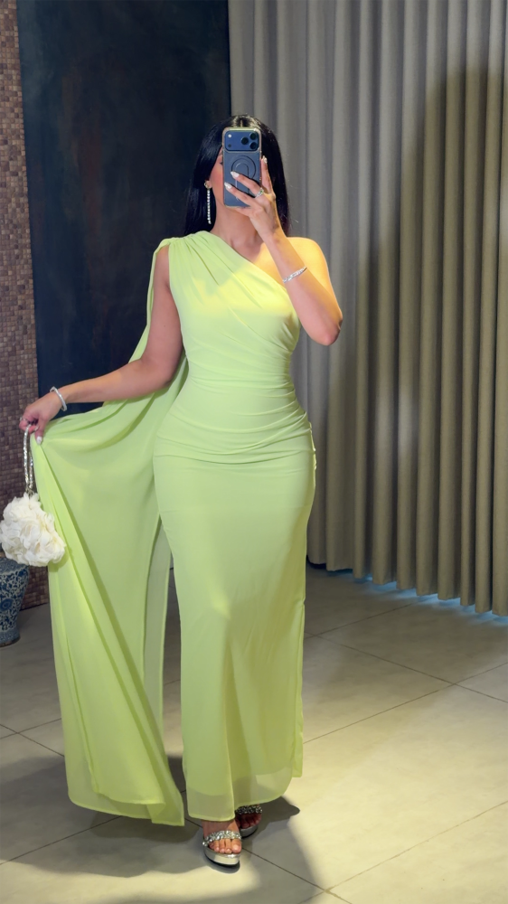 Apple Green One-Shoulder Chiffon Dress with Side Drape - Apple Green One-Shoulder Chiffon Dress with Side Drape -