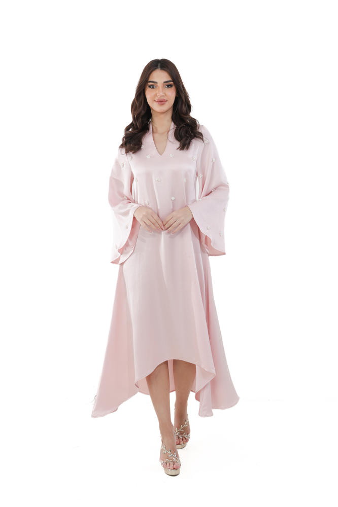 Grace pink satin kaftan embellished with pearls SIZE:(M)
