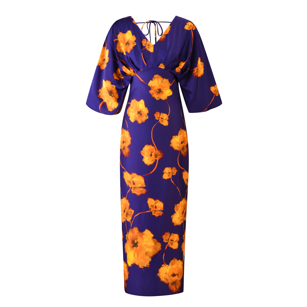 Floral Maxi Kaftan – V-Neck, Kimono Sleeves SIZE:(L)