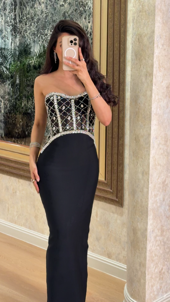 فستان ملكي سهرة اسود توب مرصع بكريستالات