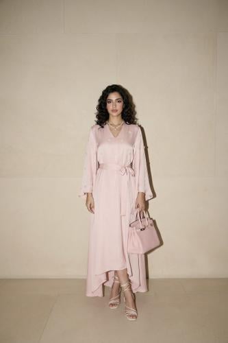 Grace pink satin kaftan embellished with pearls SIZE:(S)