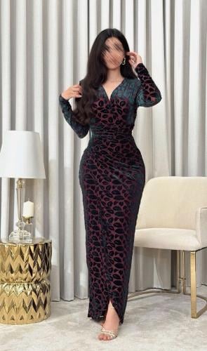 Dusty Mauve Soft Tulle Dress with Dark Teal Velvet Flocked Pattern – Slim Ruched Evening Gown SIZE:(L)