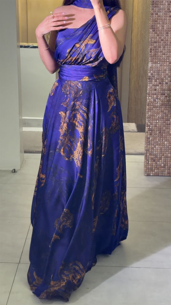 Purple Evening Gown with Gold Pattern and Scarf Neck