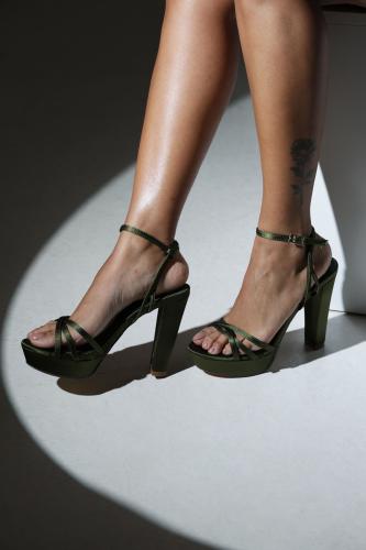 Green Block Heel Evening Sandal with Ankle Strap SIZE:(36)