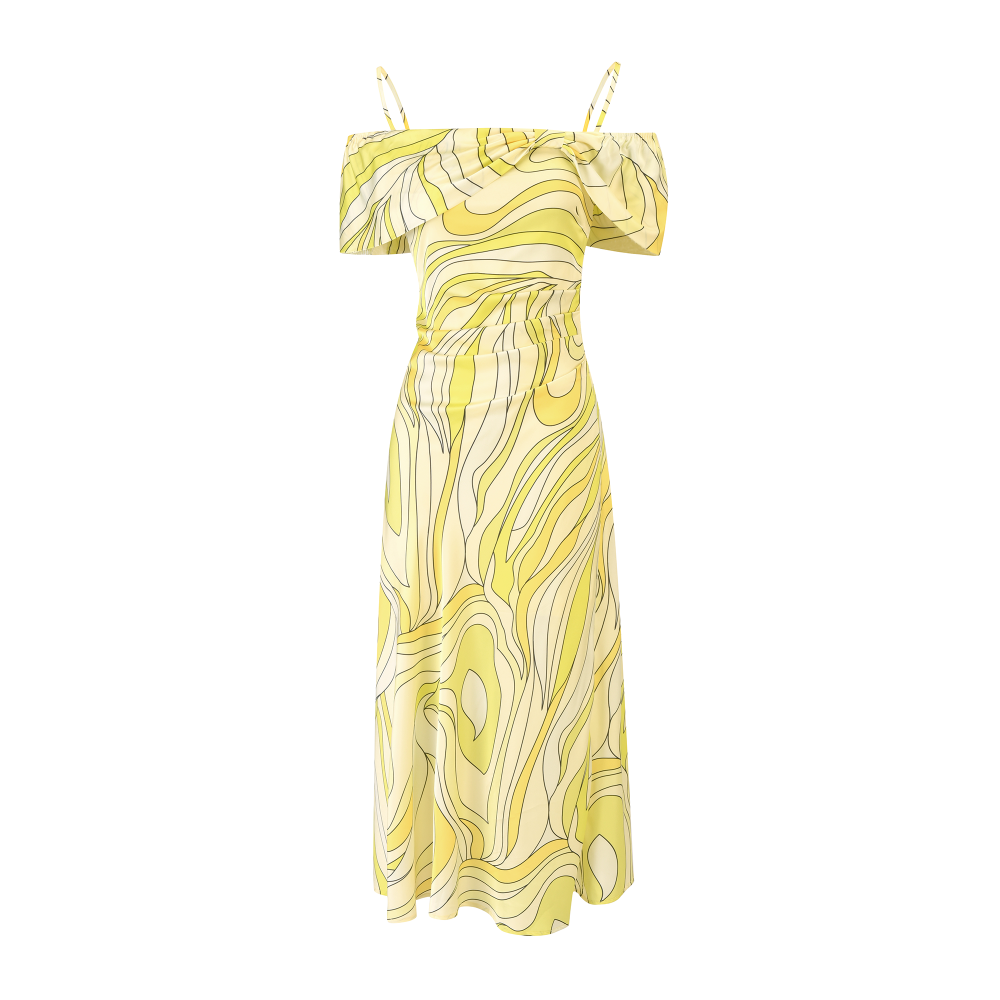 Silky Satin Off-Shoulder Midi Dress – Lime/Yellow SIZE:(L)