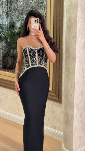 فستان ملكي سهرة اسود توب مرصع بكريستالات المقاس:(M)