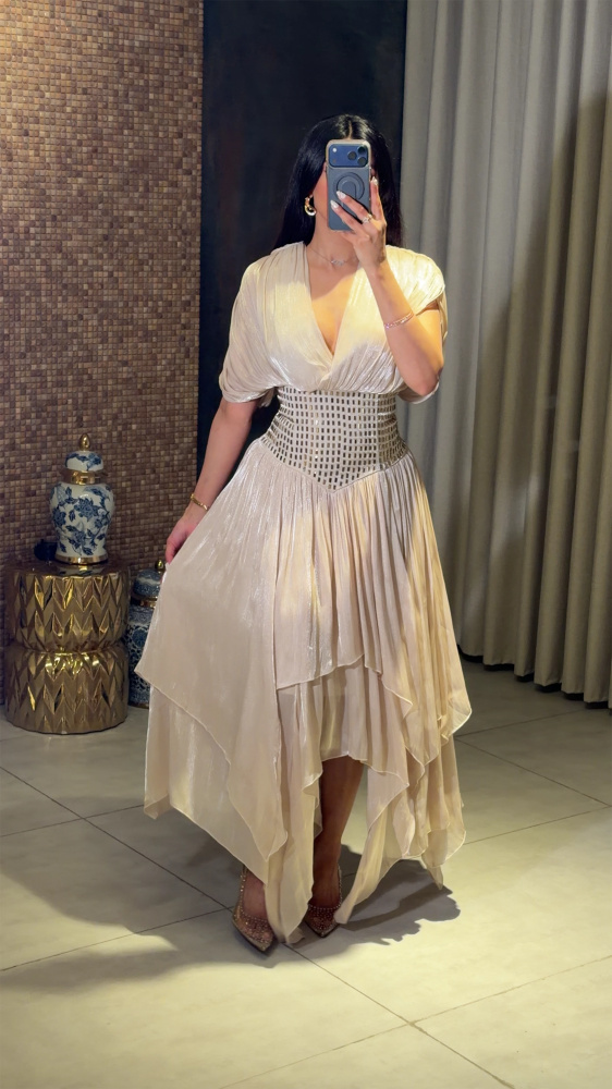 Beige Pleated Midi Dress with Embellished Waist - Beige Pleated Midi Dress with Embellished Waist -