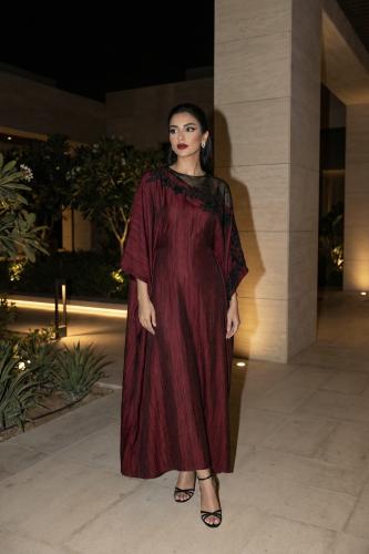It’s Mine Burgundy Kaftan – Black Lace Appliqué & Sheer Tulle Neckline SIZE:(S/M)