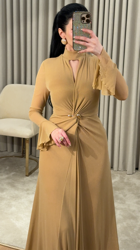 Camel Gold Maxi Dress – Draped Waist with Metal SIZE:(L)