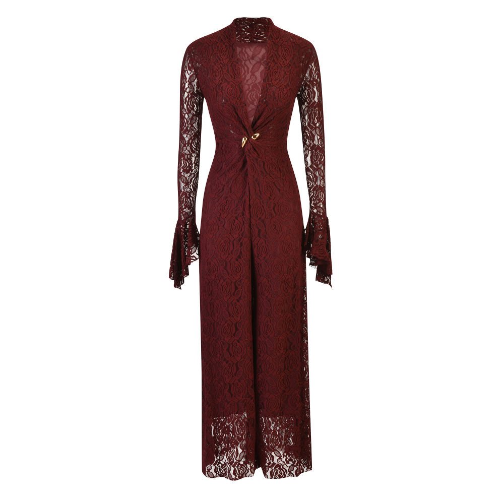 Burgundy lace jumpsuit with flared sleeves and a V-neck SIZE:(M)