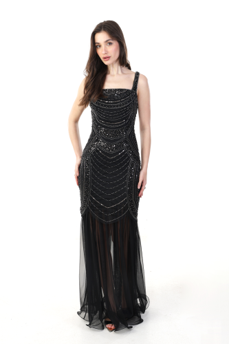 Black Beaded Evening Dress with Chiffon Detail SIZE:(XL)