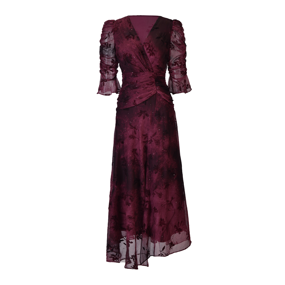 Burgundy Floral Chiffon Maxi Dress -