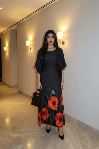 Black Satin Kaftan with Red Floral Border Print SIZE:(S)